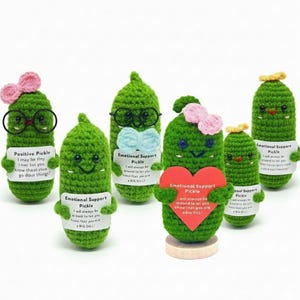 May include: A group of handmade green crochet pickles with smiling faces, some wearing bows, glasses, or holding a red heart. Each pickle has a small sign with text. The theme is emotional support.