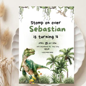 Dinosaur Birthday Invitation Template, T-Rex 4th Birthday  Invite, Roar Stomp Turning 4, Dino-Four Birthday Invitation,Dino Party,