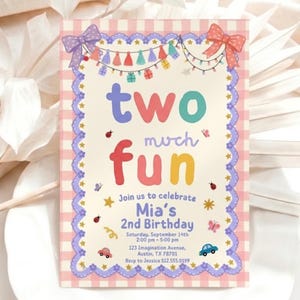 Two Much Fun Birthday Invitation Girl,Colorful 2nd Birthday Pink Gingham Scalloped,Ladybug Butterfly Tasse,Canva Editable ,Instant Download