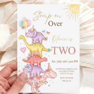 Stomp on Over Birthday Invitation Girl | Two Rex Pastel Dinosaur 2nd Birthday | Pink Purple Dino Invite | Canva Editable | Instant Download