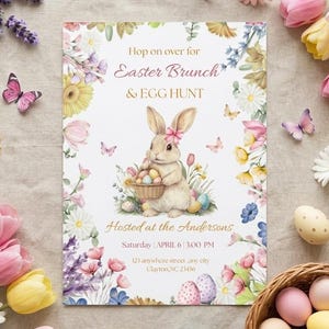 Easter Egg Hunt and Brunch Invitation, Floral Bunny Egg Hunt Invite, Easter Brunch Party Invitation, Easter Party Invite, Instant Download