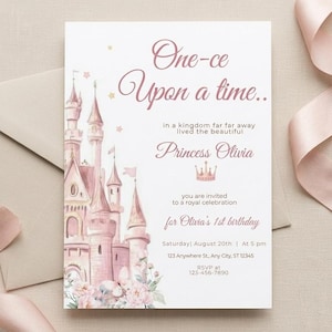 Once Upon a Time 1st Birthday Invitation, Princess Birthday Party Invite, Pink Castle First Birthday Invite, Girl 1st Birthday Template,