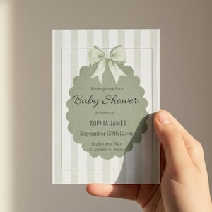 Sage Green Baby Shower Invitation, Striped Coquette Bow Invite, Editable Canva Template, Neutral Baby Shower Decor,