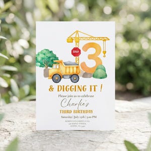 Construction 3rd Birthday Invitation Boy, Dump Truck Birthday Party Invite, Digging It Birthday Invitation, Editable Canva Template,