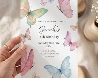 Butterfly Birthday Invitation, Editable 4th Birthday Invite, Pastel Butterfly Party Invitation, Whimsical Garden Birthday Printable Template