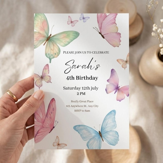 Butterfly Birthday Invitation, Editable 4th Birthday Invite, Pastel Butterfly Party Invitation, Whimsical Garden Birthday Printable Template