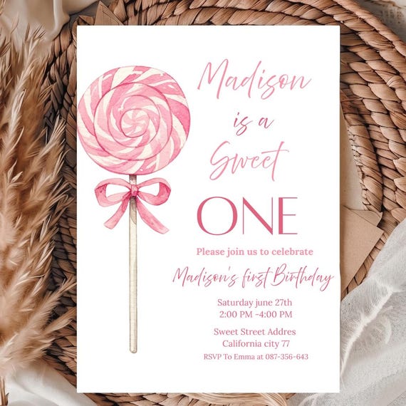 Sweet One Birthday Invitation, Editable 1st Birthday Lollipop Invite, Pink Candy Birthday Invitation Template, Girl's First Birthday Invite,
