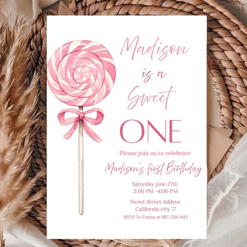 "Aesthetic Sweet One 1st birthday invitation for girls with pink watercolor swirl lollipop and bow."