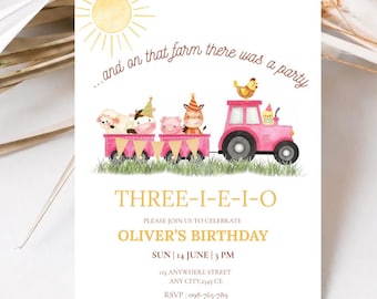 Einladung zum 3. Geburtstag (I-E-I-O), Bauernhof-Party-Einladung, Canva-Vorlage, Sofort-Download
