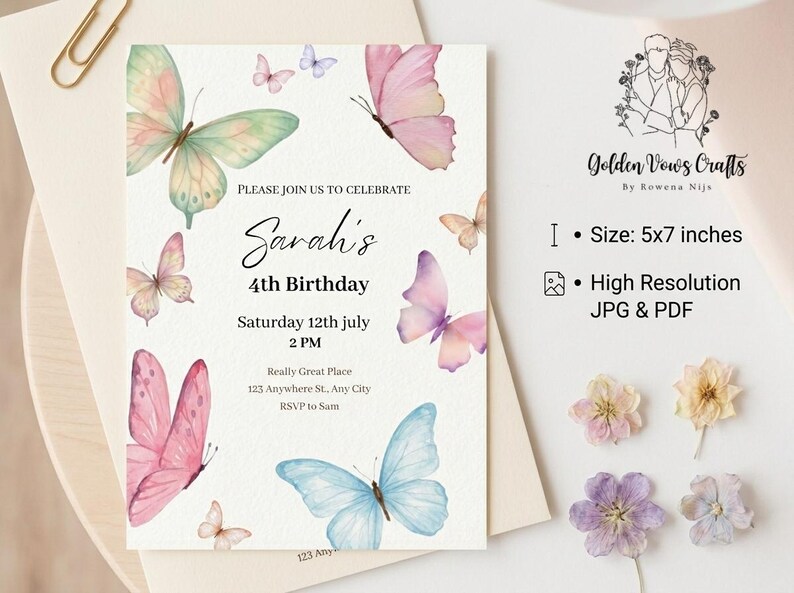 K&ouml;nnte beinhalten: Eine Geburtstagseinladung im Aquarellstil mit Schmetterlingen in Rosa, Blau und Gr&uuml;n. Die Einladung ist f&uuml;r Sarahs 4. Geburtstag, mit Datum und Uhrzeit. Die Einladung ist 12,7 x 17,8 cm gro&szlig;.
