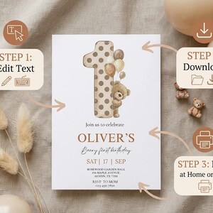 Pode incluir: Um cart&atilde;o de convite branco para uma festa de primeiro anivers&aacute;rio. O design apresenta um grande n&uacute;mero um com bolinhas marrons, um ursinho de pel&uacute;cia e bal&otilde;es. O texto inclui "Beary first birthday".