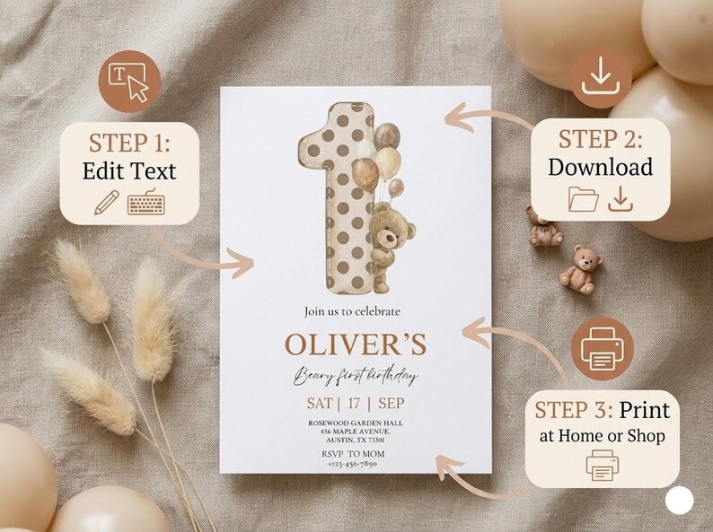 Pode incluir: Um cart&atilde;o de convite branco para uma festa de primeiro anivers&aacute;rio. O design apresenta um grande n&uacute;mero um com bolinhas marrons, um ursinho de pel&uacute;cia e bal&otilde;es. O texto inclui "Beary first birthday".