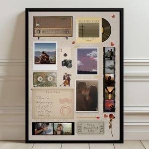 Op de afbeelding: Een ingelijste collage met vintage elementen en romantische beelden. Het bevat een retro radio, foto's, een cassettebandje, een ansichtkaart met handgeschreven tekst en een vinylplaat. Geaccentueerd met rode harten en een roos.