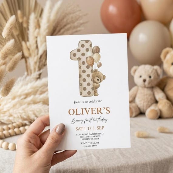 Teddy Bear 1st Birthday Invitation Template, Boy Girl Boho First Birthday Invite, Editable Bear Balloon Party Invite, Instant Download