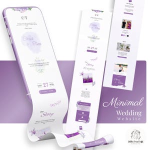 Op de afbeelding: Een minimalistisch website-ontwerp voor een bruiloft in paars en wit. Het ontwerp bevat de namen "Chris & Tina", de datum "27 juni 2026" en de woorden "Our Story". De website wordt weergegeven op een telefoon en een scrollpagina.