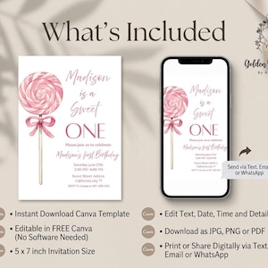 May include: A digital invitation template for a first birthday, featuring a pink lollipop design. The invitation is displayed on a white card and a smartphone, with the text "Madison is a Sweet ONE". The invitation is 5 x 7 inches.