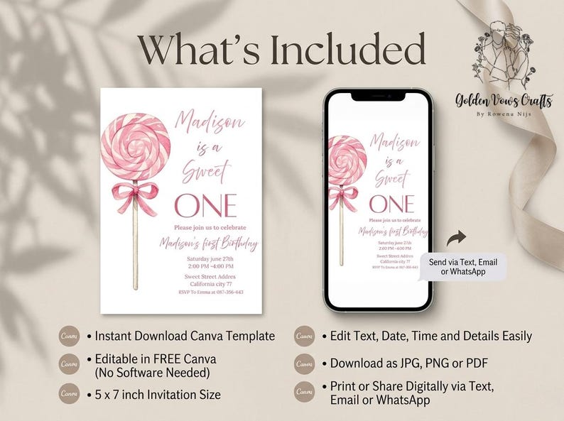 May include: A digital invitation template for a first birthday, featuring a pink lollipop design. The invitation is displayed on a white card and a smartphone, with the text "Madison is a Sweet ONE". The invitation is 5 x 7 inches.