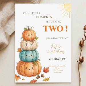 Our Little Pumpkin Is Turning Two Birthday Invitation,Fall 2nd Birthday Invite,Stacked Kawaii Pumpkin, Canva Editable ,Instant Download