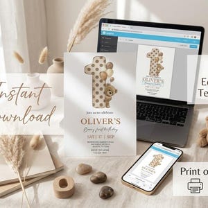 Pode incluir: Um convite de primeiro anivers&aacute;rio com um design de urso de pel&uacute;cia e bal&otilde;es. O convite apresenta o texto "OLIVER'S" e "Download Instant&acirc;neo". Um laptop, telefone e urso de pel&uacute;cia tamb&eacute;m s&atilde;o vis&iacute;veis.