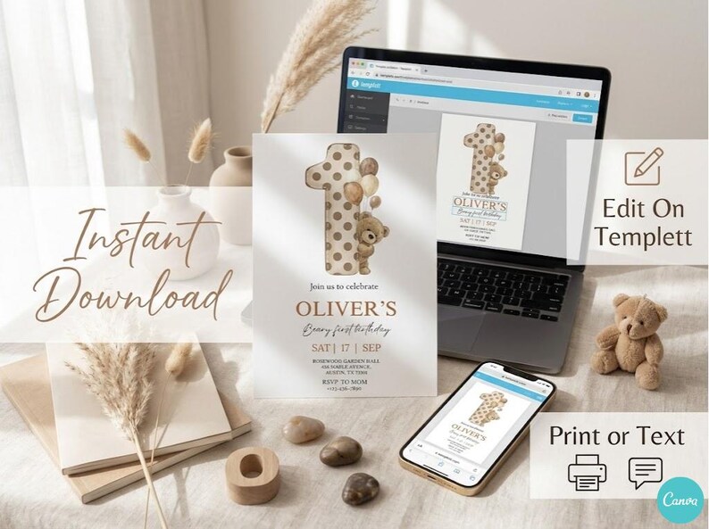 Pode incluir: Um convite de primeiro anivers&aacute;rio com um design de urso de pel&uacute;cia e bal&otilde;es. O convite apresenta o texto "OLIVER'S" e "Download Instant&acirc;neo". Um laptop, telefone e urso de pel&uacute;cia tamb&eacute;m s&atilde;o vis&iacute;veis.