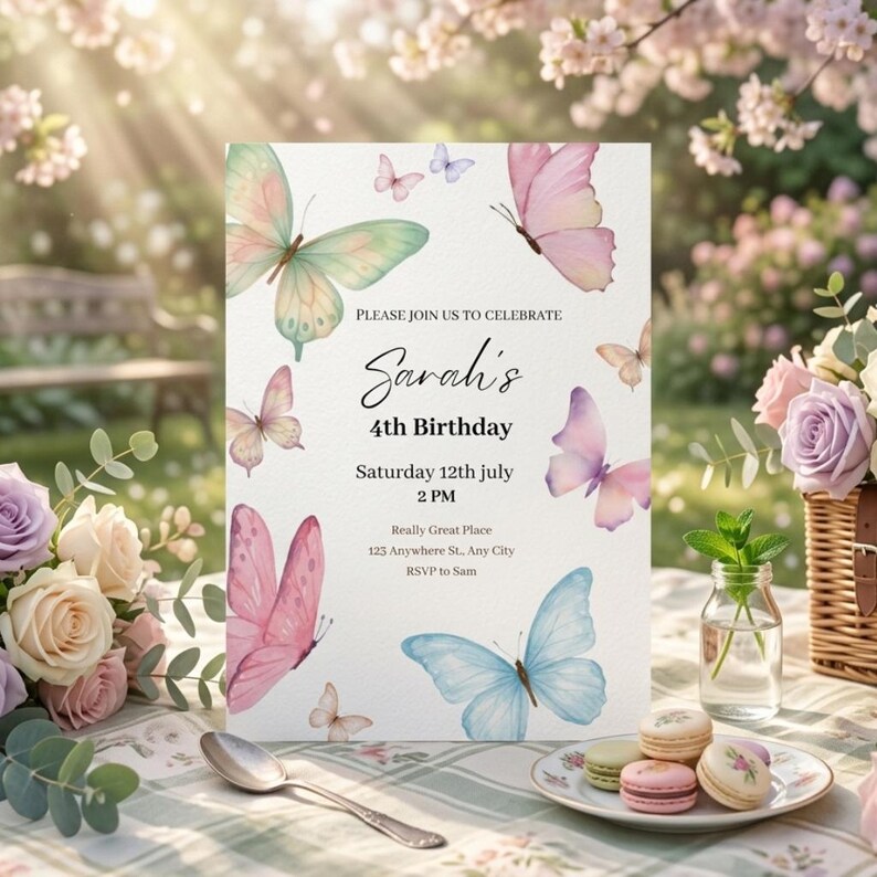K&ouml;nnte beinhalten: Eine wei&szlig;e Geburtstagseinladung mit Aquarell-Schmetterlingen in Rosa, Blau und Gr&uuml;n. Der Text lautet "Sarah's 4. Geburtstag" mit Datum, Uhrzeit und Ort. Makronen und Blumenarrangements erg&auml;nzen das Design.