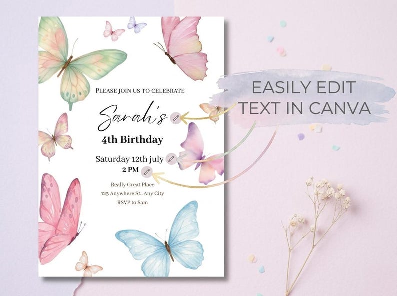 K&ouml;nnte beinhalten: Eine wei&szlig;e Einladungskarte mit Aquarell-Schmetterlingen in Rosa, Blau und Gr&uuml;n. Der Text lautet "Sarahs 4. Geburtstag" mit Datum, Uhrzeit und Ortsangaben. Die Worte "EASILY EDIT TEXT IN CANVA" sind ebenfalls vorhanden.