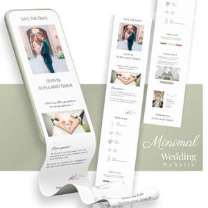 Op de afbeelding: Een minimalistisch ontwerp van een trouwwebsite op een smartphonescherm en scroll-achtige afdrukken. Het ontwerp bevat foto's van een stel, evenementdetails en de tekst "SAVE THE DATE", "ALINA AND TIMUR" en "Minimal Wedding Website."