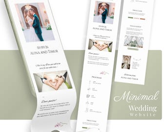 May include: A minimalist wedding website design on a smartphone screen and scroll-like printouts. The design features photos of a couple, event details, and the text "SAVE THE DATE," "ALINA AND TIMUR," and "Minimal Wedding Website."