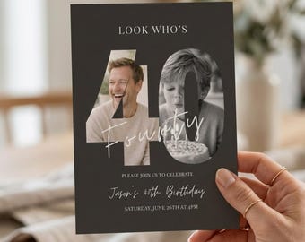 Einladungsvorlage zum 40. Geburtstag mit Foto, bearbeitbare Einladung zum runden Geburtstag, Einladung zur „Wer wird 40?“-Party, moderne Foto-Geburtstagseinladung zum Ausdrucken