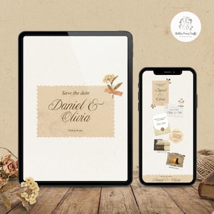 May include: A digital wedding invitation displayed on a tablet and a smartphone. The tablet shows "Save the date" with the names "Daniel & Olivia". The smartphone displays additional wedding details. The background is a rustic wooden surface.