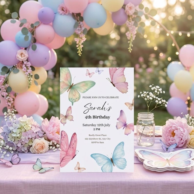 K&ouml;nnte beinhalten: Eine Geburtstagseinladung mit Schmetterlingsmotiven, die Sarahs 4. Geburtstag ank&uuml;ndigt. Die Szene umfasst pastellfarbene Ballons, Blumen und schmetterlingsf&ouml;rmige Teller, die eine festliche Atmosph&auml;re schaffen.