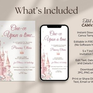 May include: A princess-themed invitation design featuring a pink castle illustration, with the text "One-ce Upon a time..." and "Princess Olivia". The invitation is shown on a card and a smartphone.