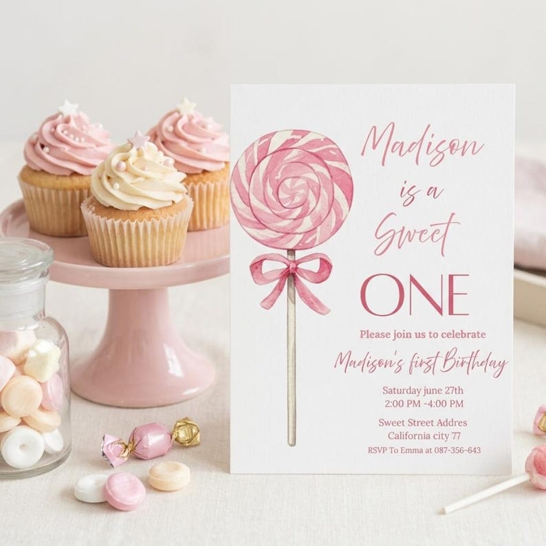 May include: A pink and white birthday invitation with a watercolor lollipop design. The invitation reads "Madison is a Sweet ONE" and includes party details. Cupcakes with pink frosting and candies are also visible.