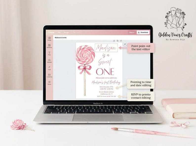 May include: A laptop displays a pink and white invitation design for a first birthday. The invitation features a lollipop graphic and the text "Madison is a Sweet ONE." Additional elements include a paintbrush, a notepad, and a decorative lollipop.