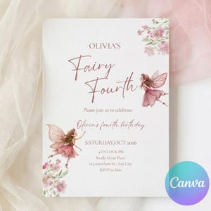 Fairy Fourth Birthday Invitation Girl, 4th Birthday Fairy Party Invite, Enchanted Fairy Garden Birthday, Editable Canva Template