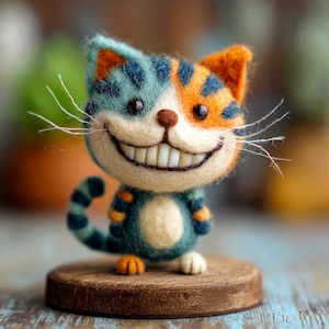 Puede incluir: Una caprichosa figura de gato de fieltro con una amplia sonrisa, con pelaje a rayas azules y naranjas. El gato tiene la cara y el pecho de color crema, con ojos de cuentas negras y largos bigotes blancos. Se encuentra sobre una pequeña base de madera redonda.