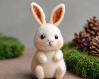 White felt rabbit figurine, hand-felted rabbit wool felt ornament, Mother's Day gift, Christmas gift, home decor, Christmas tree ornament