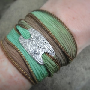 Silk Wrap Bracelet- Vines- Silver & Silk Wrap Bracelet- Artisan Handcrafted with Recycled Silver and Hand Dyed Silk