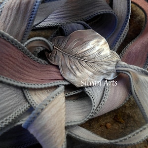 Feather Bracelet, Wrap Bracelet, Woodland Feather, Botanical Jewelry, Silk Ribbon, Artisan Crafted, Recycled Sterling Silver