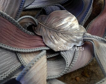 Feather Bracelet, Wrap Bracelet, Woodland Feather, Botanical Jewelry, Silk Ribbon, Artisan Crafted, Recycled Sterling Silver
