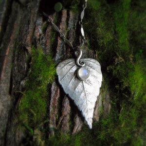 Silver Birch Leaf Necklace With Moonstone - Made With a Real Leaf - Elven -  Woodland - Silvan Leaf - Artisan Handcrafted Silver - Forest