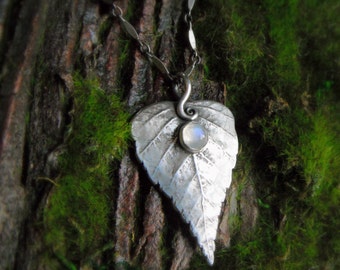 Silver Birch Leaf Necklace With Moonstone - Made With a Real Leaf - Elven -  Woodland - Silvan Leaf - Artisan Handcrafted Silver - Forest