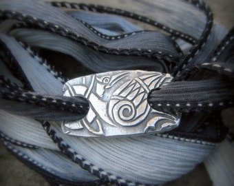 Celtic Heron Bracelet - Viking Silver Bracelet - Celtic Knot- Artisan Handcrafted with Recycled Silver and Hand Dyed Silk
