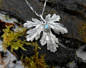 Botanical Leaf Necklace With Labradorite - Elven- Made With a Real Leaf - Artisan Handcrafted with Recycled Silver - Woodland -Forest