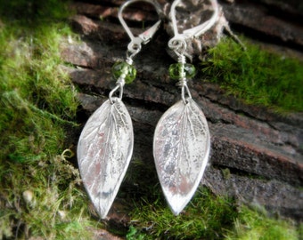 Real Leaf Earrings with Natural Peridot - Made with a Real Leaf - Woodland Leaf Earrings - Silvan Leaves - Botanical Jewelry
