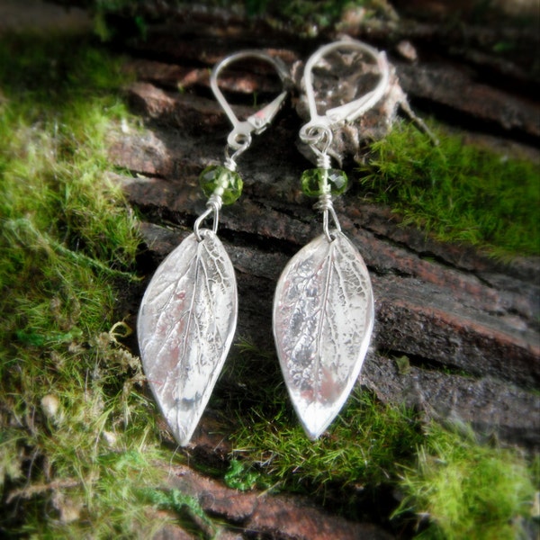 Real Leaf Earrings with Natural Peridot - Made with a Real Leaf - Woodland Leaf Earrings - Silvan Leaves - Botanical Jewelry