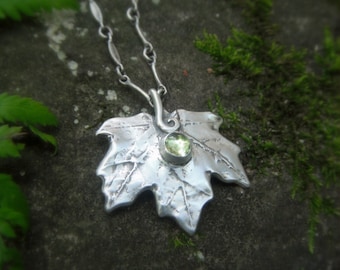 Woodland Maple Leaf Necklace With Peridot, Made With a Real Leaf, Silvan Leaf, Artisan Botanical  Forest Jewelry