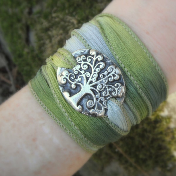 Tree of Life Bracelet, Elven Jewelry, Elven Forest, Silk Wrap Bracelet, Forest Jewelry, Artisan Handcrafted, Recycled Eco Silver