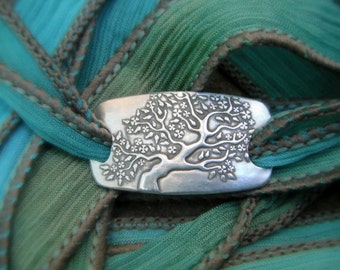 Silk Ribbon Wrap Bracelet, Tree of Life Bracelet- Artisan Handcrafted- Recycled Fine Silver- Silver & Silk Wrap Bracelet