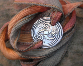 Celtic Bracelet - Viking Silver Bracelet - Triskele -  Wrap Bracelet- Artisan Handcrafted - Recycled Silver - Hand Dyed Silk - Celtic Spiral